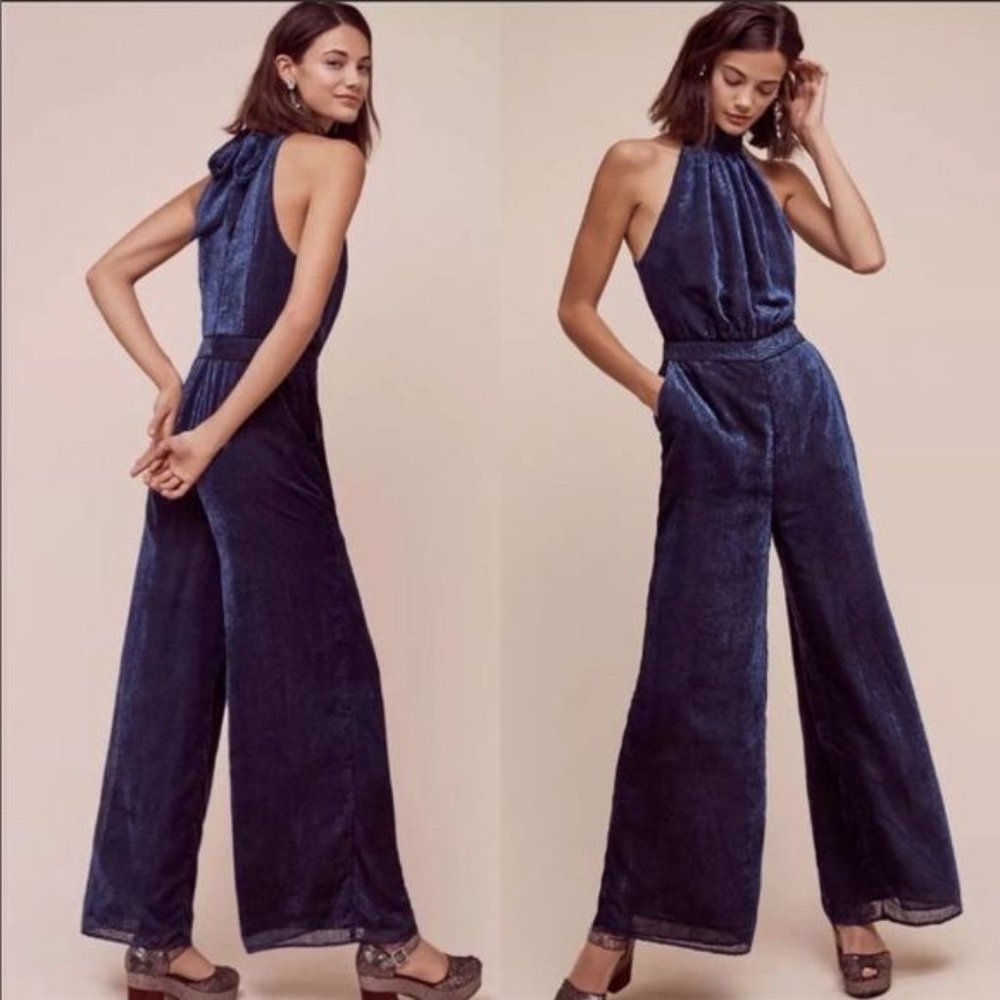 Anthropologie Elevenses Nova Blue Sleeveless Wide Leg Texture Knit Jumpsuit Sz 6